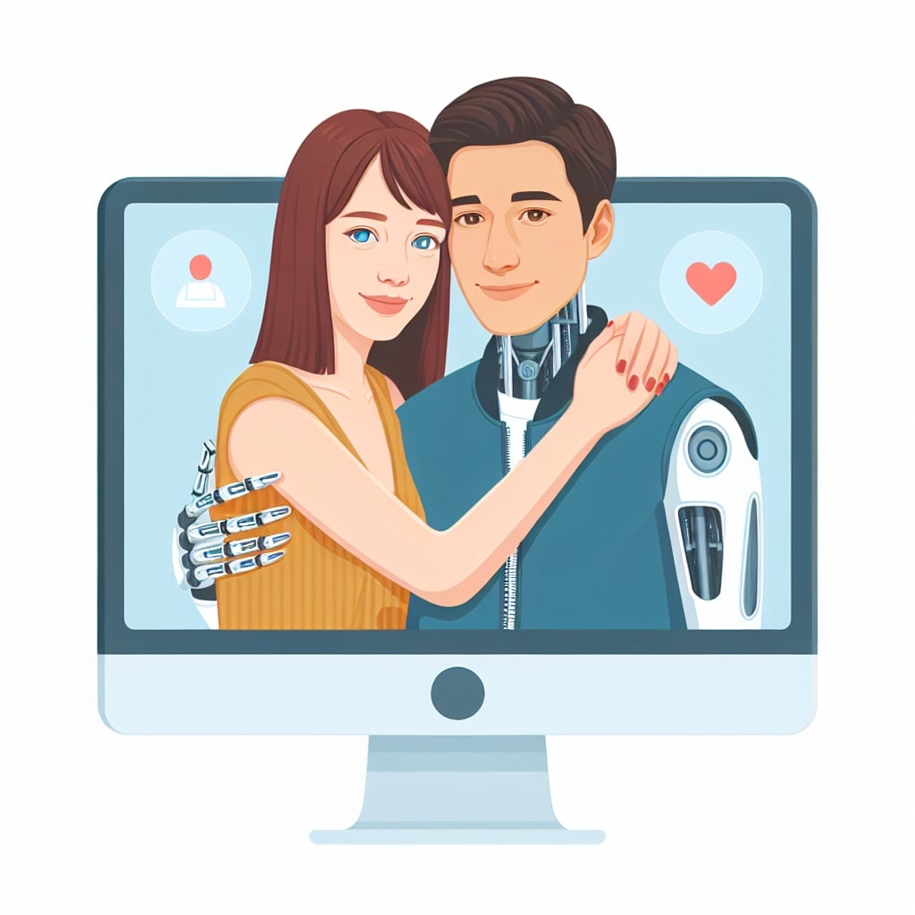 девушка с парнем, фото в мониторе конпьютера, любовь к робот